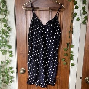 Vintage 90s SATIN Polka Dot Ruffle Low V Back Slip Dress in Navy White | M